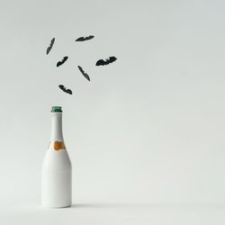 Champagne bottle with bats silhouettes on light background