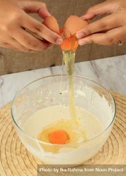 Person cracking egg into bowl of batter bEYZGb