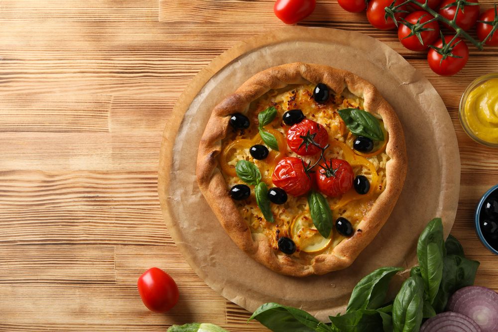 Concept of tasty food, Vegetable galette, space for text