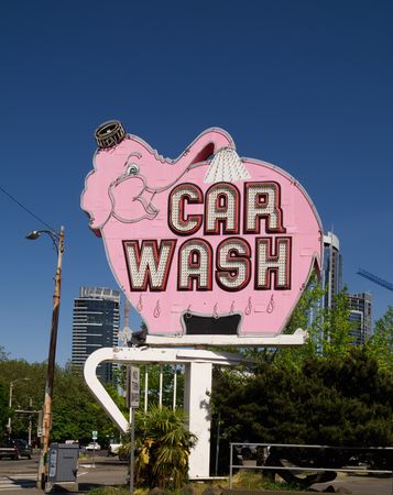 Pink  car-wash sign in downtown Seattle, Washington