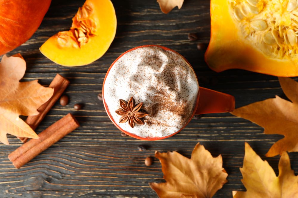 Composition with cup of pumpkin latte, cinnamon and pumpkin on wooden background