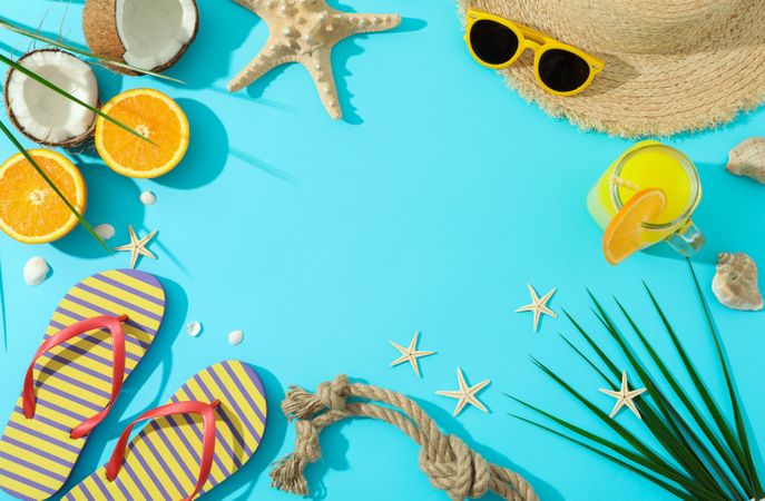 Flat lay composition with summer vacation accessories on color background, space for text and top view. Happy holidays