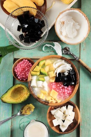 Top View Es Goyobod, Mixed Ice Made from Coconut Milk, Sugar, and Various Topping