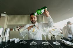 Cheerful Barman preparing alcoholic drinks in a bar.