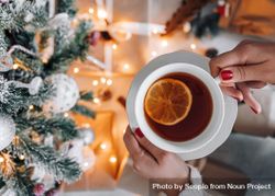 Cropped image of woman holding cup of tea with lemon wheel beside Christmas tree 5nKVD4