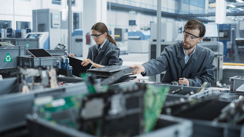 Male And Female Employees Taking Apart Old Laptops To Recycle Components For Sustainable Production Of Electronic Devices At Electronics Factory.