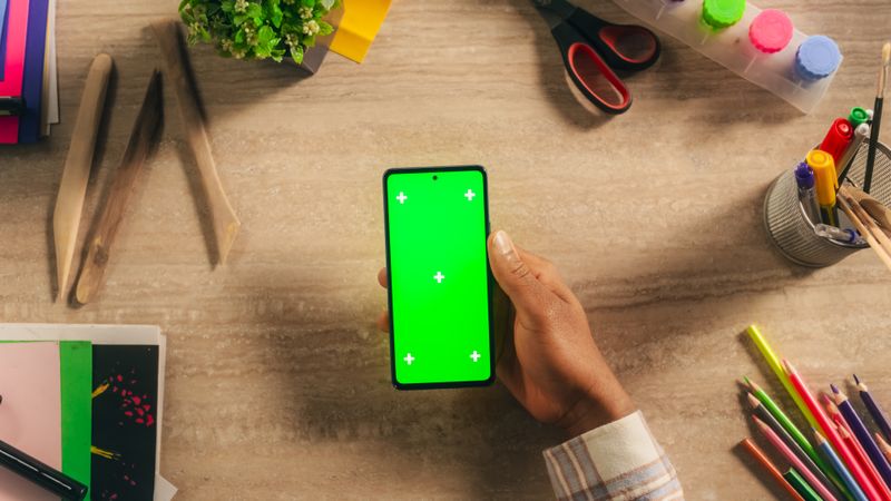 Art Student Holding a Modern Mobile Device in Front of a Camera. Computer with Green Screen Chroma Key Template for Digital Marketing, Promotion of Online Services, Design App, Internet Tutorials