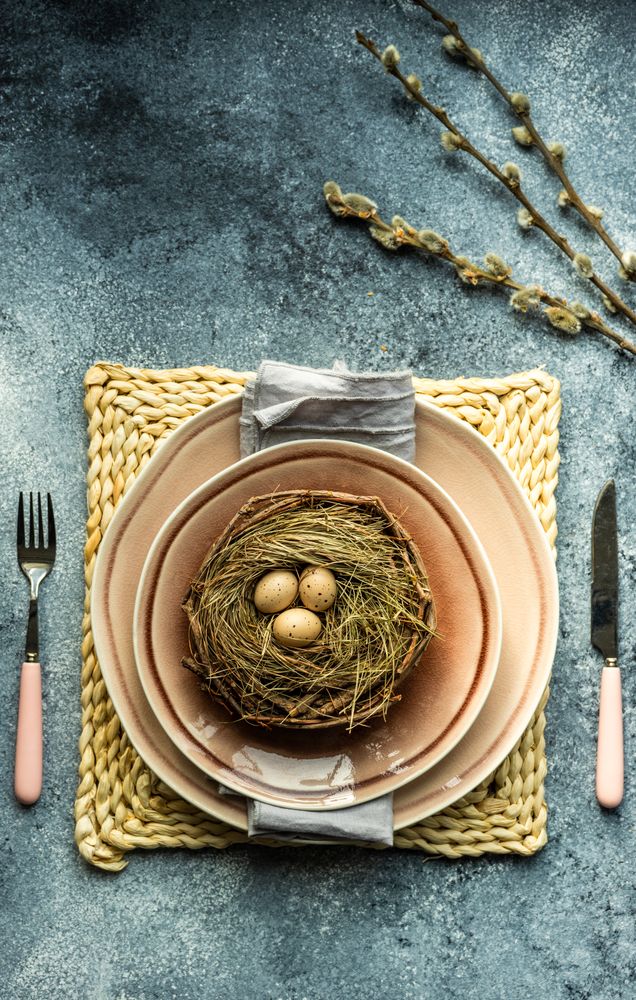 Top view of decorative eggs in delicate nest on ceramic pink plate on placemat with pussy willow with copy space