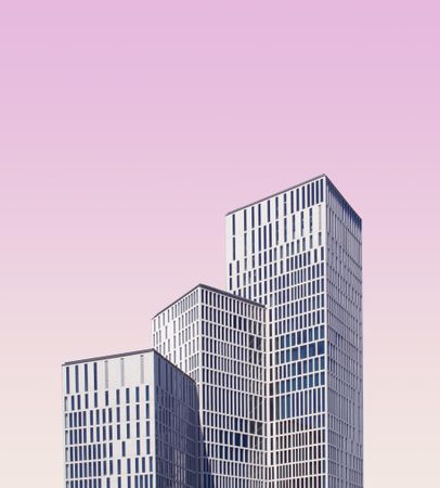 Three buildings against a pink gradient sky