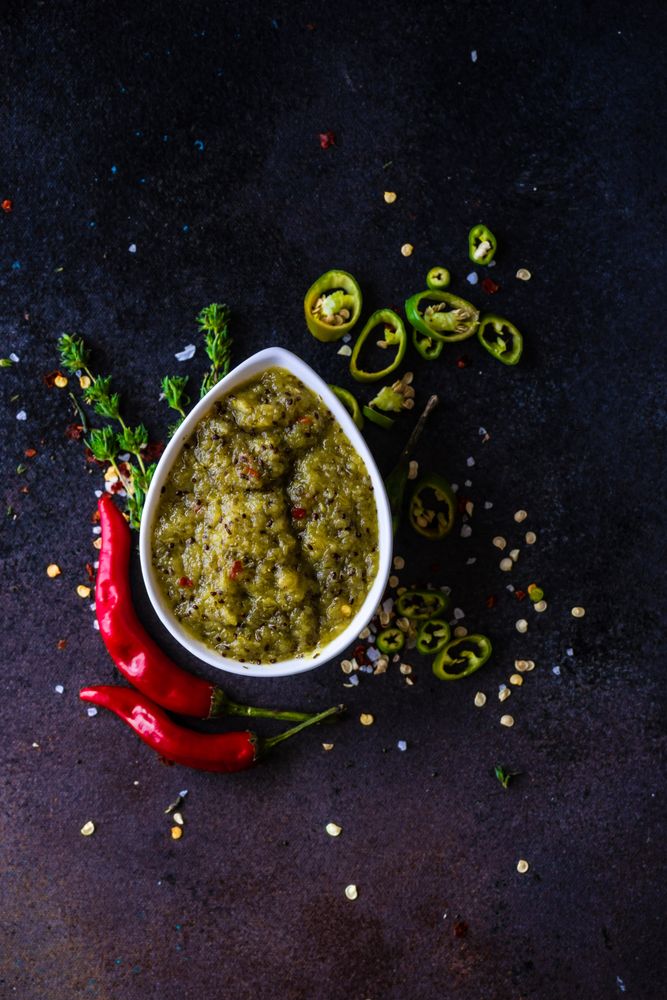 Top view of spicy traditional Georgian satsebeli sauce