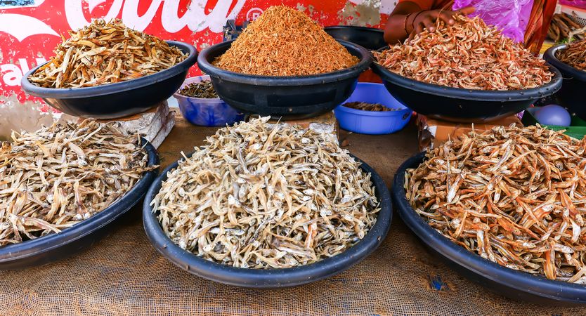 Assorted Dried Fish and Spices at Local Market Stall
