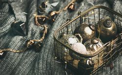 Grey woolen sweater, candle, led garland and vintage Christmas decoration toys in box