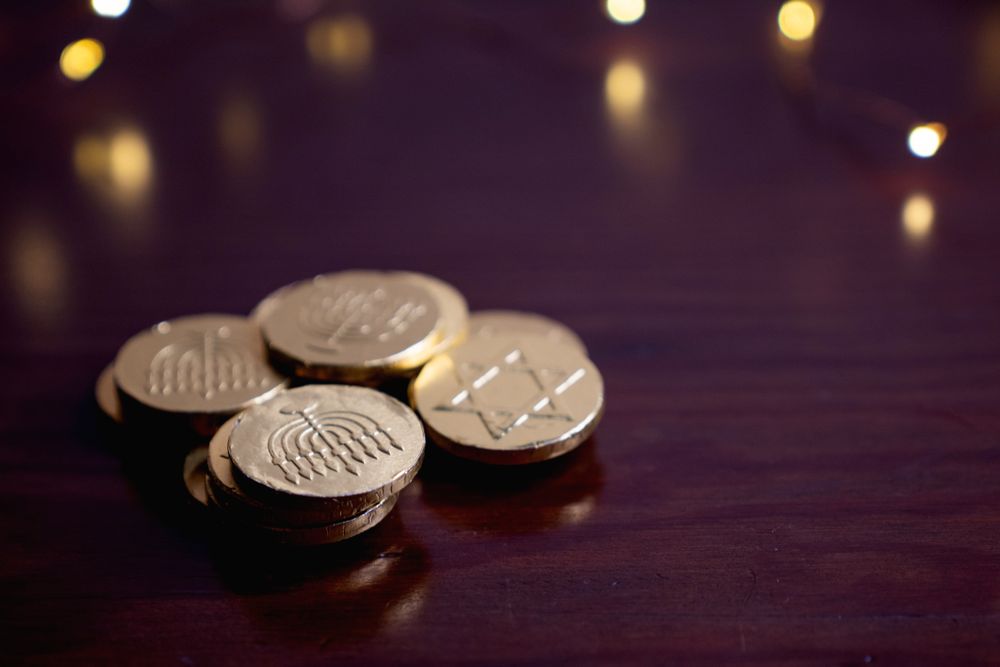 Pile of golden gelt for Hanukkah with copy space