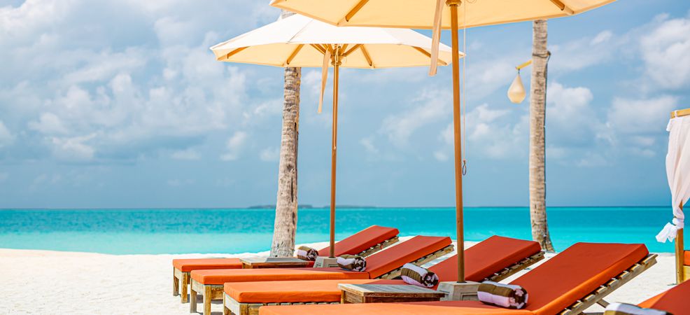 Comfortable reclining chairs with parasols on the beach, wide