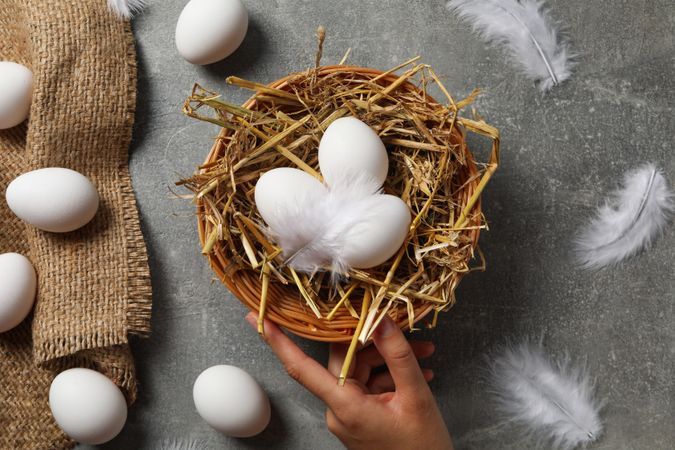 Concept of natural farm product - eggs, top view