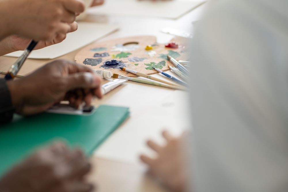 Background of drawing and painting tools on the table