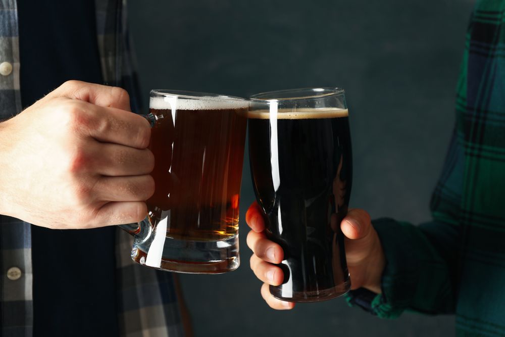 Two men in checkered shirts cheers with beer