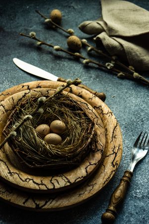 Decorative eggs in delicate nest on rustic plate on table