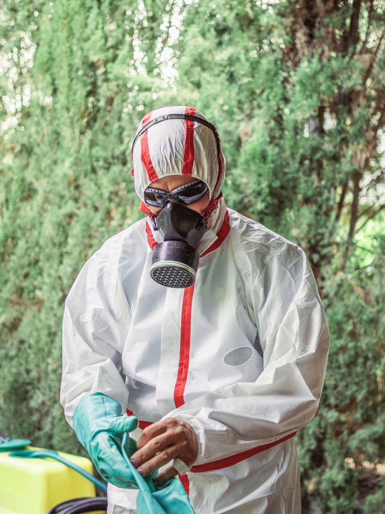 Man in suit for fumigation in yard
