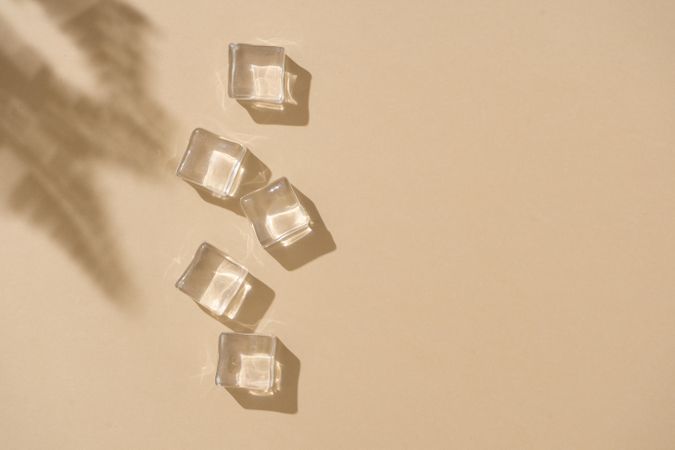 Flat lay of ice cubes on beige background with shadow of leaves