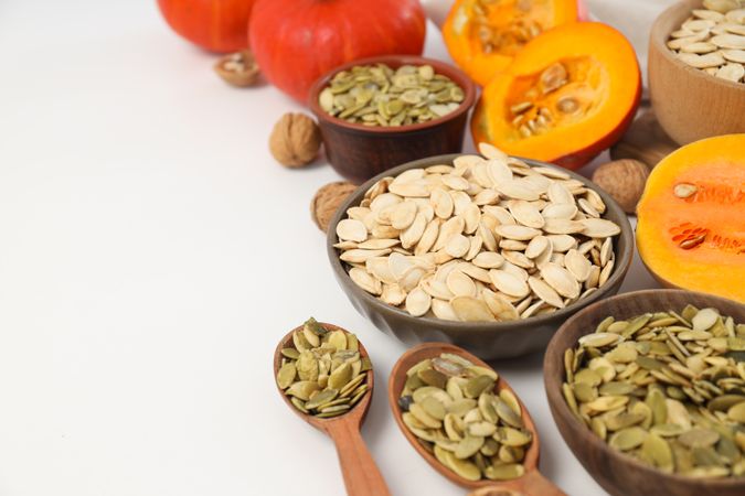 Concept of Autumn vibe food, Pumpkin, Pumpkin seeds, space for text