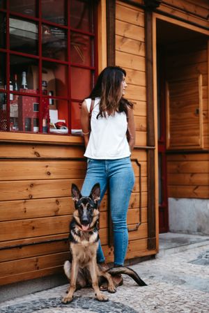 Adorable german shepherd with owner on street