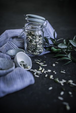 Glass jar with various seeds