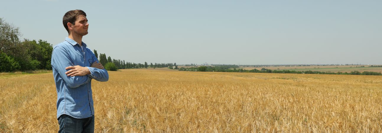 Young man in barley field. Agriculture business. Farming