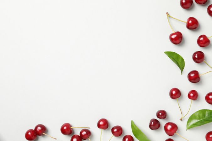 Ripe juicy cherry fruits with leaves on a light background