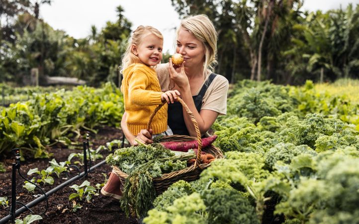 Farmer holding her daughter and harvesting vegetables