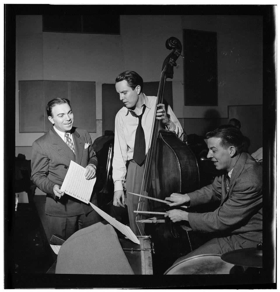 New York City, New York, USA - July, 1947: Portrait of Bob Haggart, Morey Feld, and Mack Shopnick