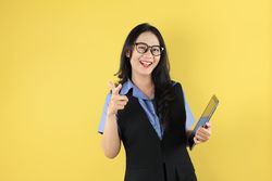 Young Asian Woman, Company Worker in Glasses, Smiling and Holding Digital Tablet Computer
