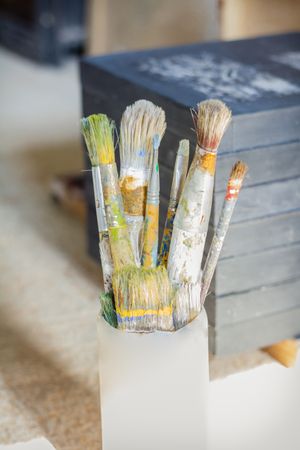 Set of paint brushes in front of canvas