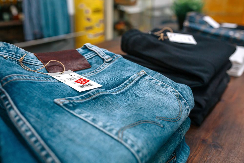 Close up of label with discount price over a blue jeans pants on vintage store