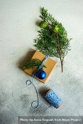 Top view of wrapped Christmas present with fir and blue string 48KMj5