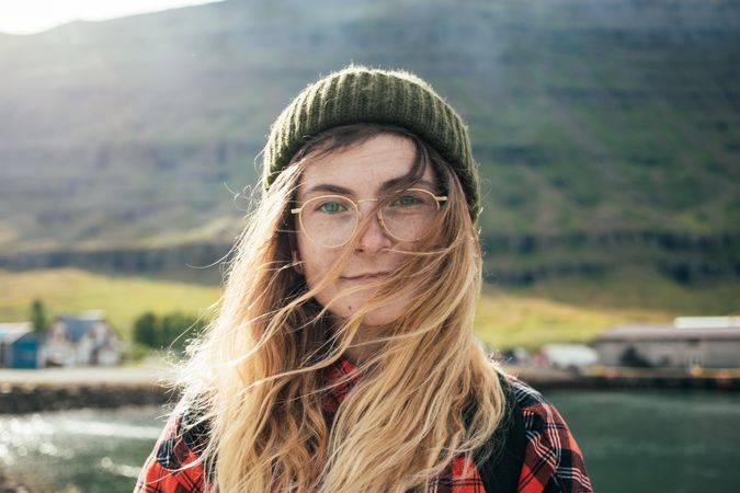 Portrait of Scandinavian woman, landscape