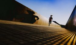Woman running on walkway in sunny day with blue sky