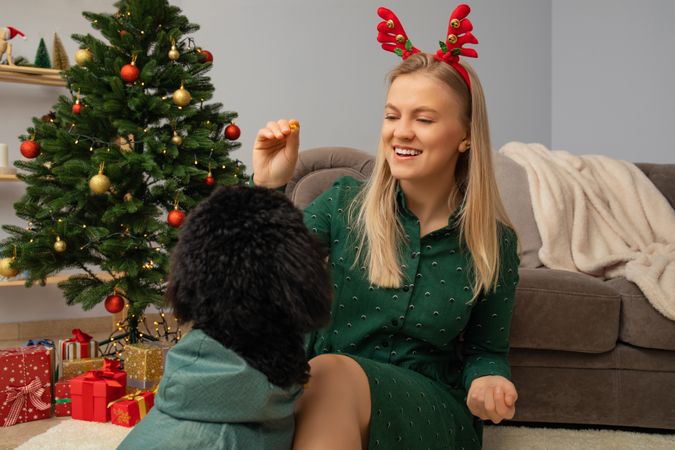 Concept of Merry Christmas, young woman and Toy poodle in Christmas decorated room