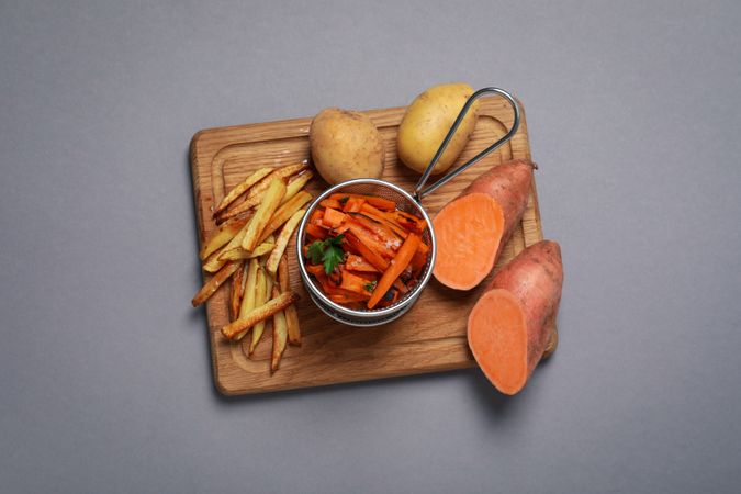 Concept of tasty food, fried sweet potato, top view