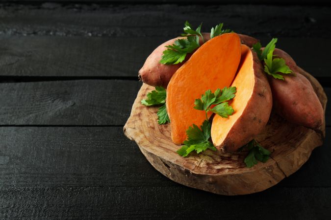 Concept of vegetables, sweet potato, space for text