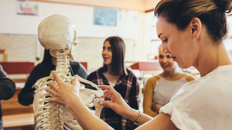 Students and professor with skeleton in classroom at high school