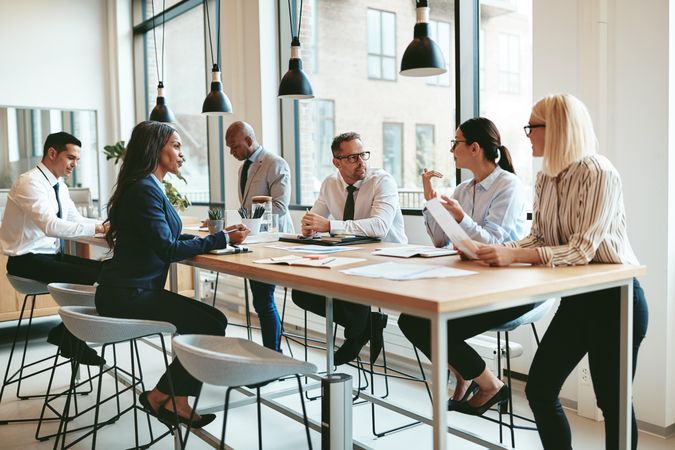 A group of business people having a discussion at a long table in a bright office