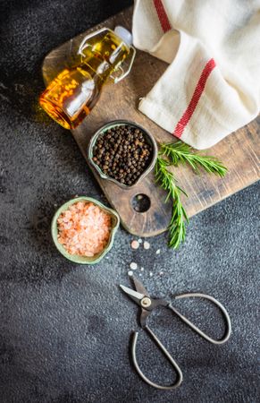 Top view of seasonings on kitchen counter