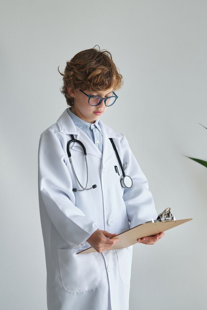 Boy in medical uniform with stethoscope and clipboard