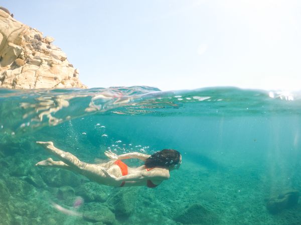 Underwater shot of woman in bikini swimming in the sea