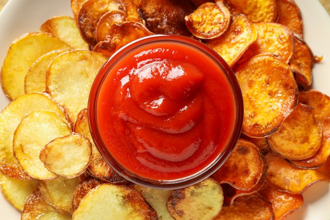 Concept of tasty food, fried sweet potato, top view
