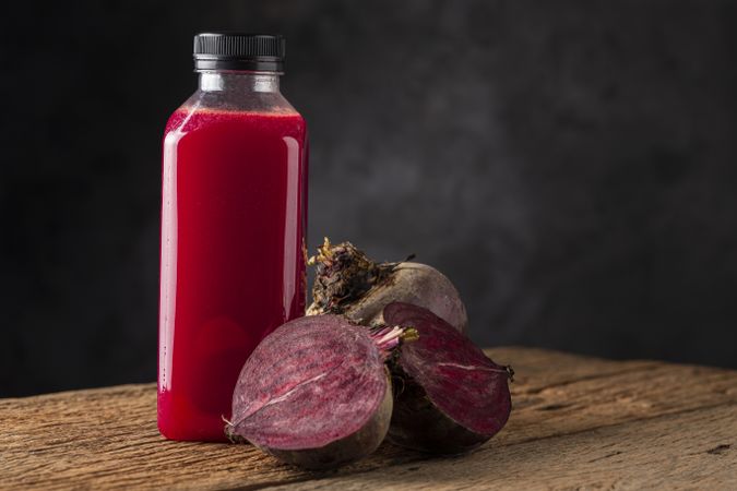 Red beet juice in plastic bottle.