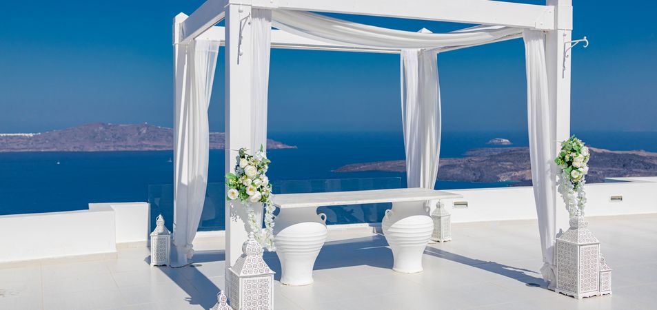 Canopy on a patio in Santorini, wide