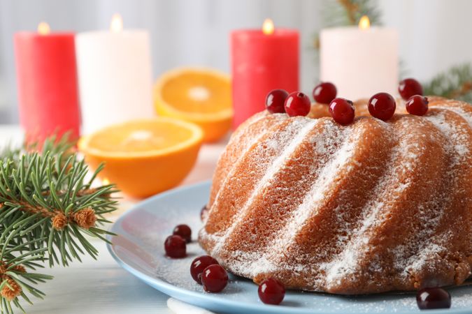 Cake with powder sugar and cranberry on table. Christmas concept