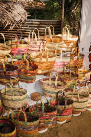Shelves of thatched baskets